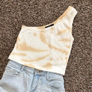 Forever 21 One-Shoulder Knit Cream & Tan Tie-Dye Ribbed Crop Top, Size Small